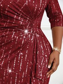 SHEIN Lady Đầm xòe đính đá cổ chữ V thanh lịch, sang trọng, thanh lịch, cổ điển, dành cho nữ, mùa xuân và mùa hè, dự tiệc cưới, tiệc Valentine, tiệc năm mới, size lớn, hàng mới về. - Màu Đỏ Sâu - Xem 7