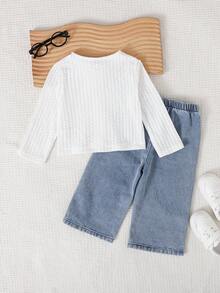 SHEIN Playful Pals 女婴休闲纯色长袖外套和蝴蝶结刺绣长裤两件套，适合春、秋、冬季，室内外皆可穿着，日常穿着。 - 彩色 - 查看 2