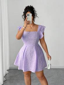 Elenzga Đầm suông tay phồng cổ vuông màu trơn cỡ lớn, eo nhún bèo sang trọng - Màu tím - Xem 4