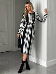 EURMUSE 单色优雅光学错觉紧身针织中长连衣裙 - 黑與白 - 查看 7