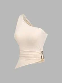 Sweetra Bộ áo cánh trang trí khóa kim loại lệch vai mới cho nữ, phù hợp cho kỳ nghỉ biển mùa xuân/hè - Nhiều màu - Xem 8