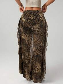 Glamine Elegant Brown Leopard Print Layered Ruffle Hem Skirt, Suitable For Urban Chic, Beach Vacation, And Party Occasions - Brown - View 2