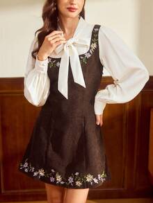 Vintamour Sukienka damska w stylu vintage, klasyczna, elegancka, dopasowana, rozkloszowana, haftowana, 2 w 1, sukienka z długim rękawem, patchworkowa sukienka w kolorze morelowo-kawowym, jesień/zima - Kawowy brązowy - Zobacz 1