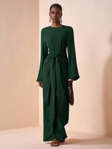 Zivah 2025夏初秋新款，适合生日派对，毕业季，日常出游，百搭，休闲度假，邮轮旅行，沙滩海边沐浴阳光，网络爆款，休闲优雅，通勤派对，圆领，长袖，喇叭袖口，腰带设计，修身超长连衣裙，女士棕色长裙-A - 橄欖綠 - 查看 5