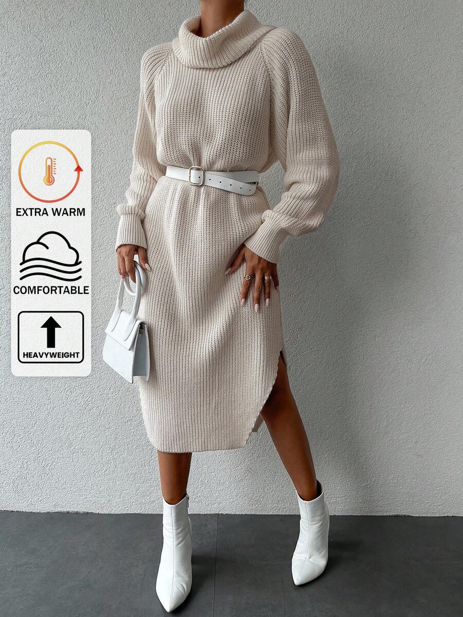 EURMUSE 高領插肩袖高衩毛衣洋裝不附腰帶 - 米色 - 查看 1