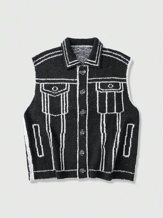 Prep Chaleco de punto con botones y estampado de moda casual para hombres