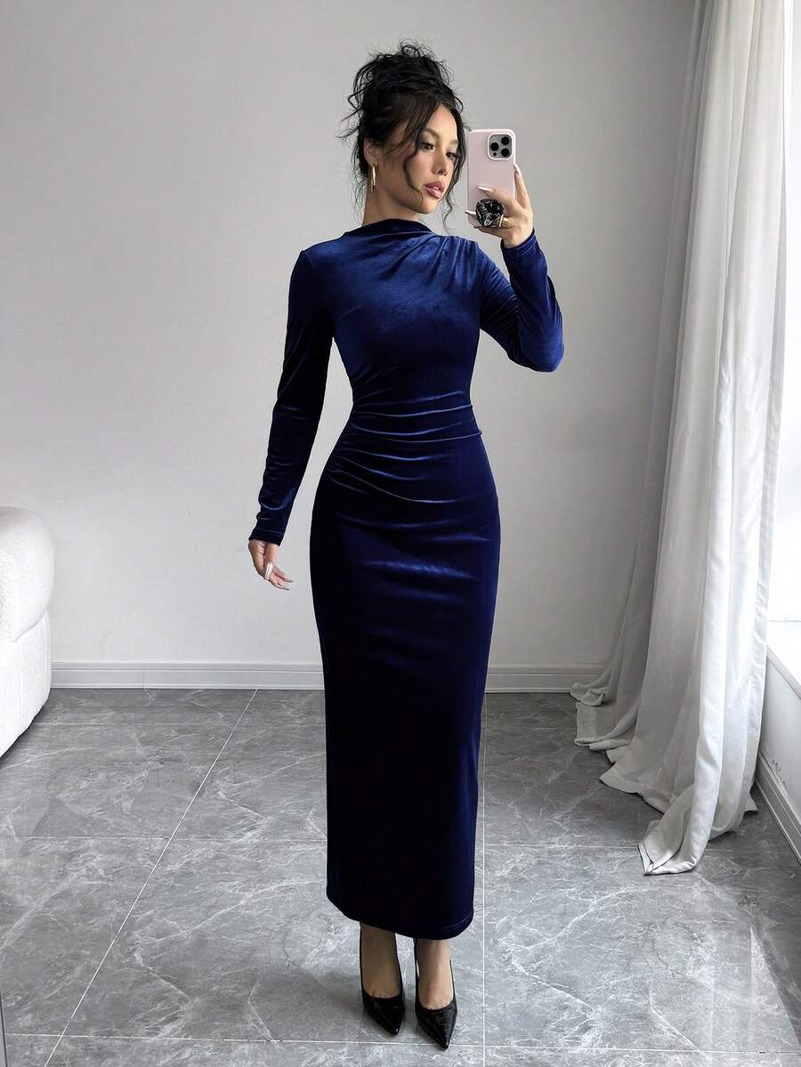 Elenzga Women Elegant Velvet Asymmetric Ruffle Split Hem Dress Burgundy Maxi Women Outfit - Navy Blue - View 1