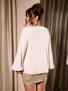 Cravure Plus Size Women's Elegant Party Outfit, Lantern Sleeve Top And Sequin Bodycon Skirt 2-Piece Set, Spring/Autumn/Winter - Apricot - View 2