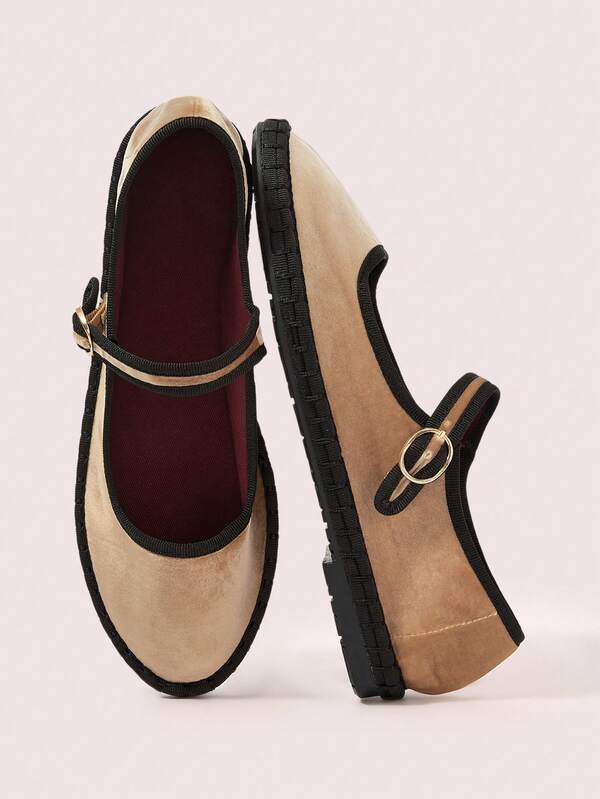 CUCCOO DOLLMOD Zapatos planos de estilo Mary Jane de terciopelo clásico y cómodo en color caqui para mujer