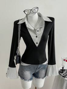 SHEIN Unity 1 件女式二合一 V 领长袖针织衬衫修身百搭衬衫，秋季 - 黑與白 - 查看 4