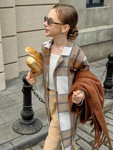 Tween Girl Casual Plaid Print Long Sleeve Jacket + Solid Color Top + Khaki Pants 3-Piece Elegant Outfit - Multicolor - View 7