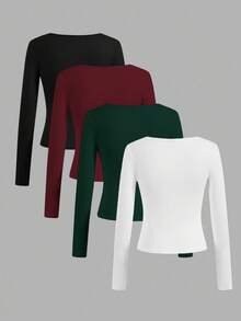 SHEIN Essnce Bộ 4 áo thun cổ vuông tối giản thường ngày dành cho nữ, màu trơn, thích hợp mặc mùa thu/đông, mặc nhiều lớp, mặc ngoài trời, áo lót - Nhiều màu - Xem 2