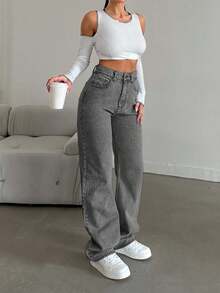 SHEIN Cottnline Snow Wash Straight Leg Jeans High Rise ,Petite Women - Grey - View 6