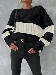 EURMUSE Colorblock Drop Shoulder Ribbed Knit Sweater - Black and White - View 5