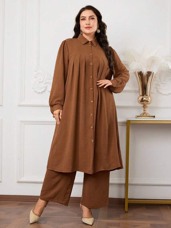 Veilorie Plus Size Women's Casual Solid Color Front Button Long Sleeve Top And Pants Arabic Style Set, Autumn
