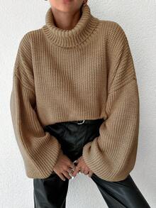 EURMUSE Women's Casual Solid Color Drop Shoulder Loose Turtleneck Sweater, Autumn/Winter - Unta - View 3