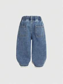 SHEIN Playful Pals Baby Girl Straight Leg Jeans, New Arrival For Autumn/Winter, Blue Denim Single Item, Cute Outdoor Casual Simple Design, Comfortable Home Wear, Colorful Floral Embroidery, Elastic Waist, Loose Fit, Daily, Vacation, Travel, Wardrobe Essential, Party, Fall Season New Release (Top Not Included) - Medium Wash - View 2
