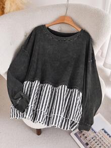 CosyJoli Plus Size Casual Contrast Striped Patchwork Washed Round Neck Long Sleeve T-Shirt Spring Casual Mother's Day Fall - Black - View 4