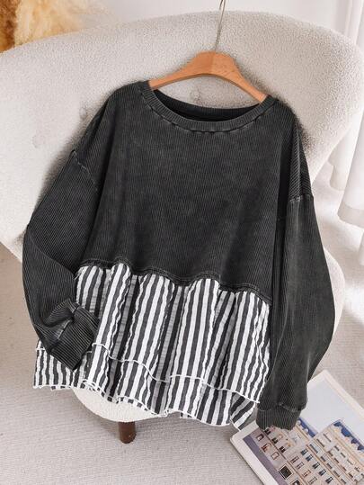CosyJoli Plus Size Casual Striped Patchwork Washed Snow Floral A-Line Doll Dress Round Neck Long Sleeve T-Shirt
