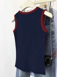 SHEIN 大码女式休闲简约撞色装饰圆领背心，夏季 - 藍色 - 查看 2