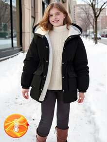 SHEIN 女童秋冬派克大衣，长款连帽风衣，大口袋，腰部抽绳，休闲通勤外套