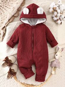 SHEIN Playful Pals Babyboy 休闲连帽羊毛连体裤，海军蓝，适合秋冬季外出、休闲装、周末野餐和舒适派对 - 酒紅色 - 查看 6