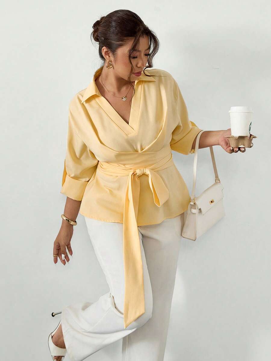 Firerie 大码优雅休闲工作服办公室衬衫裙，卷袖，交叉领带，小 V 领，百搭长衬衫裙，适合任何场合，春/秋/冬 - 黃色 - 查看 1