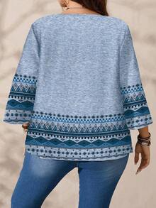 EMERY ROSE Blusa larga con collo rotondo e maniche 3/4 con motivo a piume, per donne taglie forti, adatta per autunno/inverno