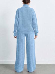 SHEIN Tall 高領落肩袖毛衣與長褲套裝，女款套裝，小碼套裝，套裝，小碼，冬季衣物，高個子女性 - 淺藍色 - 查看 2