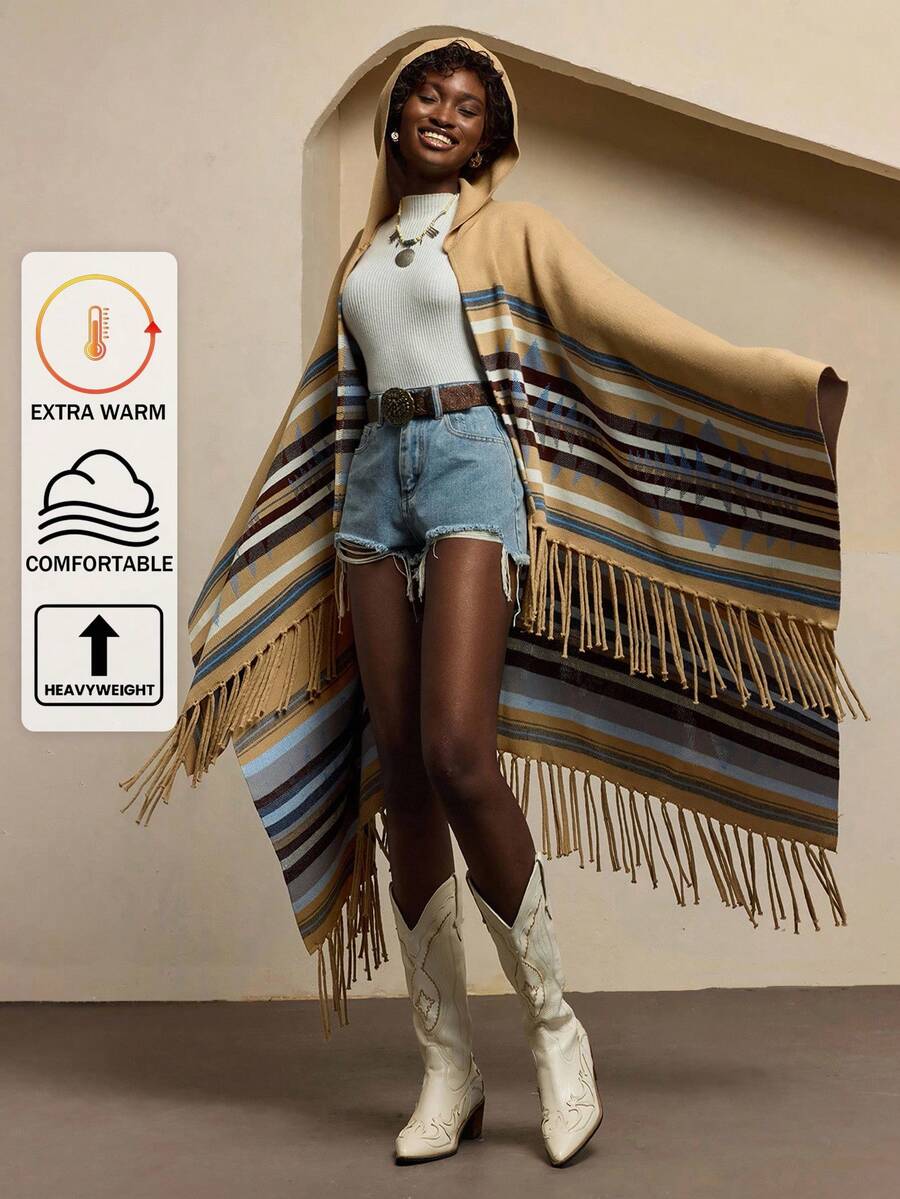 Bóhologie BOHOLOGIE 超大版型多色条纹拼色连帽流苏细节下摆斗篷 冬季、女士开衫、开衫、秋季、女士秋季服装、开衫、秋季服装 - 彩色 - 查看 1