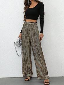 EMERY ROSE Women's Sequin Straight Leg Pants, Autumn Winter Party Holiday For Holiday Party Clothes - Gold - View 3