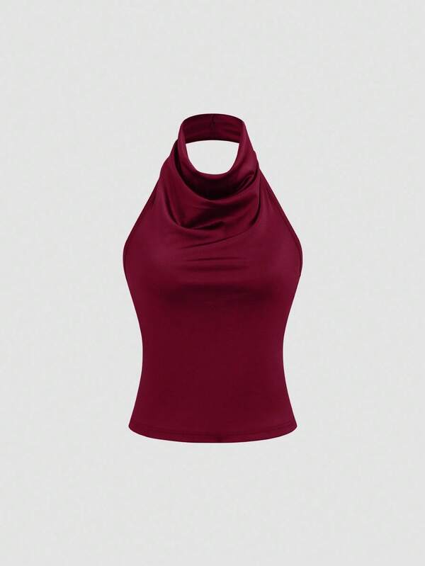 Sweetra High Neck Halter Elegant Basic Tank Top With Elastic Adjustable Drawstring Back