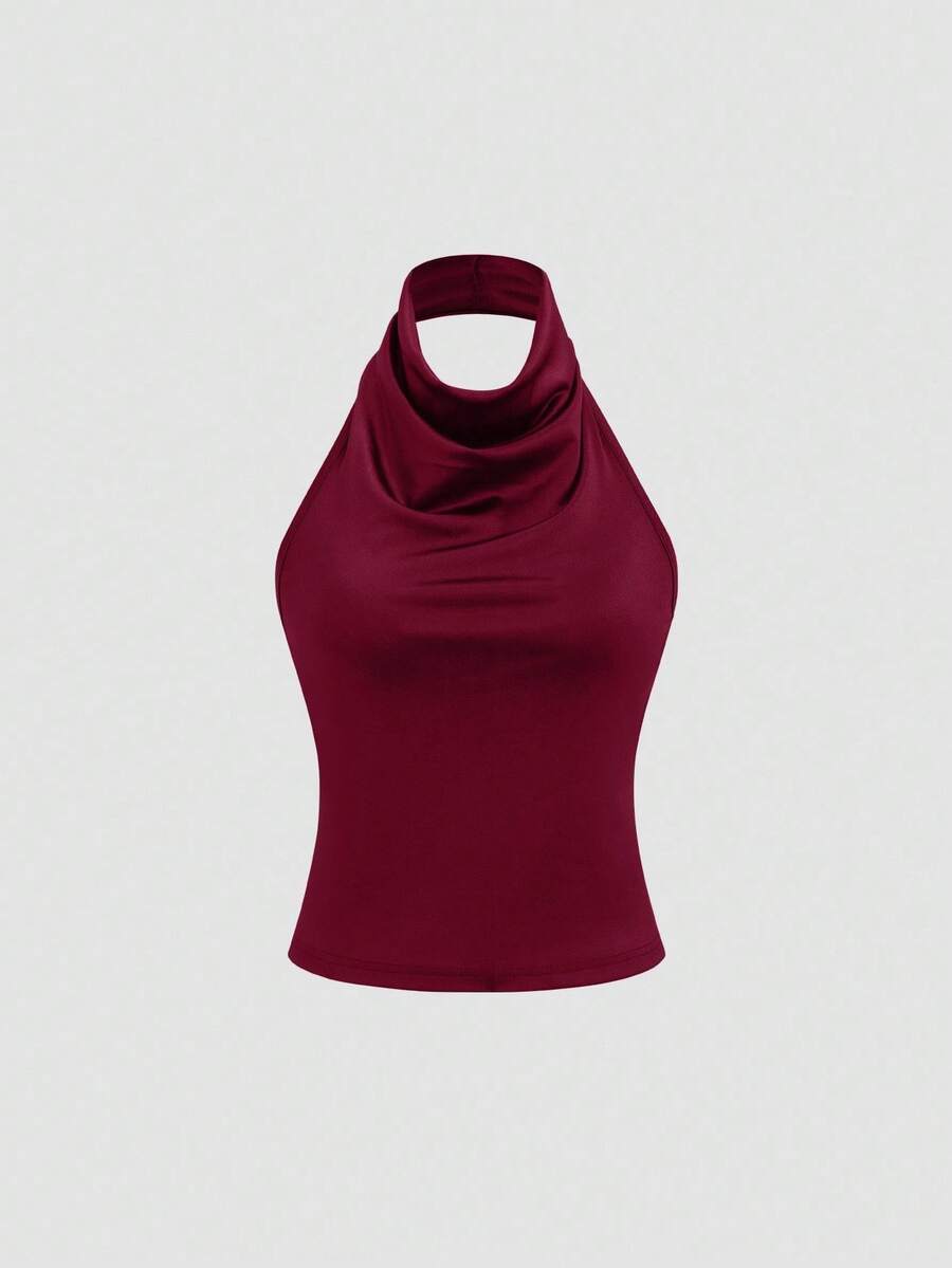 Sweetra High Neck Halter Elegant Basic Tank Top With Elastic Adjustable Drawstring Back - Burgundy - View 1