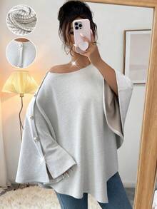 Elenzga Women's New Autumn/Winter Fashion Elegant One-Shoulder Round Neck Elastic Tweed Faux Fur Shawl Collar Asymmetrical Hem Batwing Loose Casual Cloak Poncho Coat - Multicolor - View 3