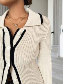 Calvaya Plus Size Women's Striped Long Sleeve Single-Breasted Casual Cardigan, Autumn/Winter Fall Cloth For Women - Apricot - View 3