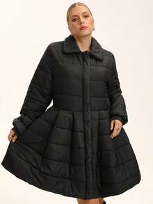 EMERY ROSE Plus Size Women Padded Coat, French Romantic Ruffle Hem A-Line Short Coat, Winter Outerwear - Black - View 3