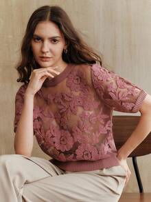 Anewsta 女式秋季花卉网眼圆领短袖针织上衣春季女装 - 中紫紅色 - 查看 2