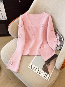 SHEIN Franclia French Handmade 3D Floral Knit Sweater - Pink - View 7