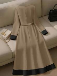 Franclia 女式优雅拼色长袖圆领系带 A 字长裙，米色，春/秋 - 卡其色 - 查看 2