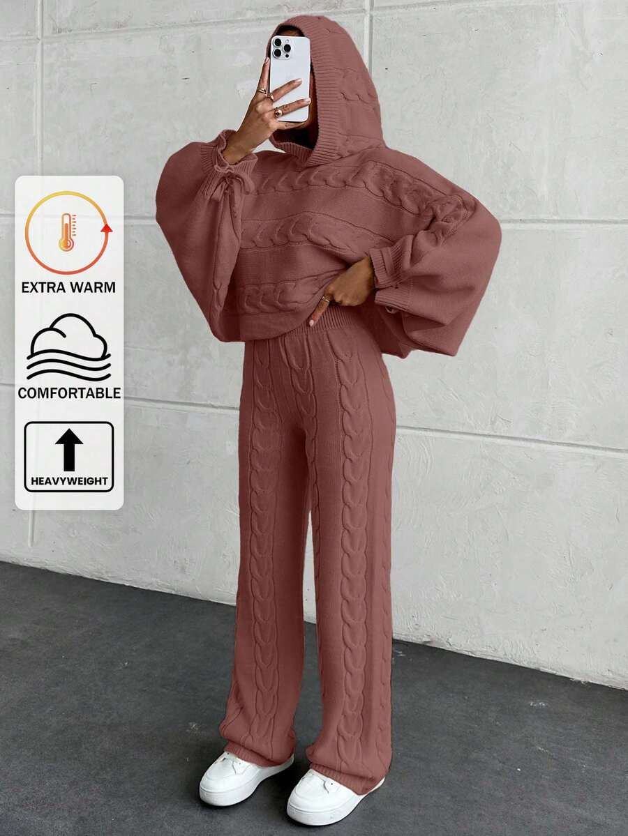 EURMUSE 休闲麻花针织连帽短款毛衣和麻花针织毛衣裤两件套 - 藕粉色 - 查看 1