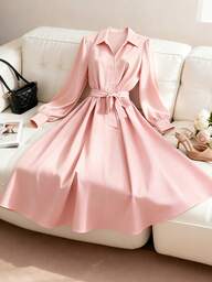 Franclia Vestido Feminino Solto com Amarração na Cintura, Franzido e Botão Rosa