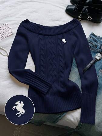 Comfortcana Women's Embroidered Twist Crew Neck Long Sleeve Sweater Jumper For Woman Women Sweater Women Sweaters Navy Blue Sweater Autumn Winter Clothes For Women Women Sweater Women Sweaters,Fall,Fall Clothes For Women