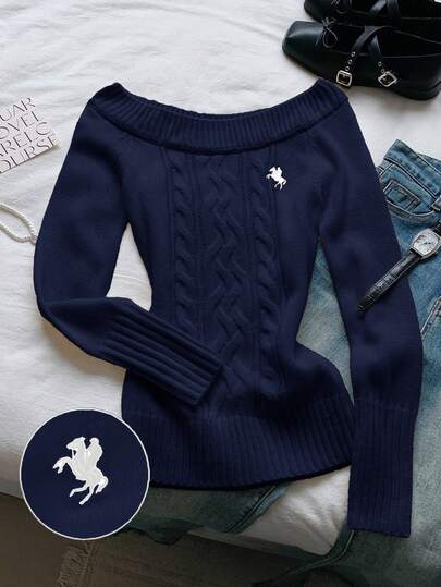 Comfortcana 女士刺绣扭结圆领长袖套头毛衣，适合秋冬季节穿着，海军蓝配色，是女士秋装的理想之选。