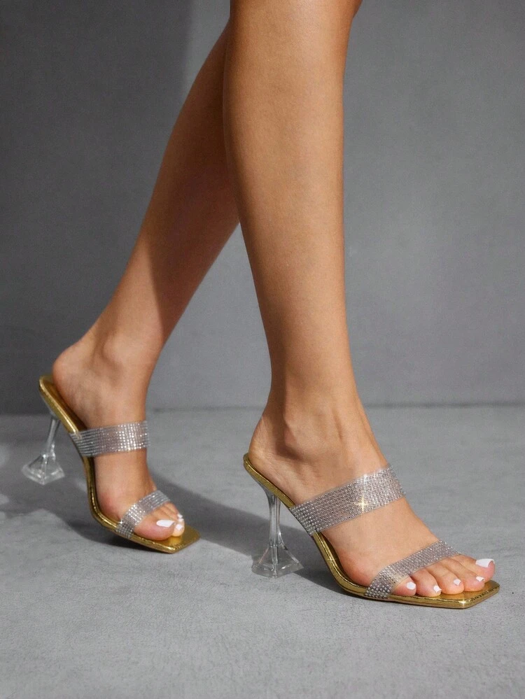 CUCCOO SZL 女性用ゴールドラインストーンストラップ セクシーファッション スクエアトゥ ガラスカップヒール ナイトクラブ エレガントなスティレットハイヒールサンダル