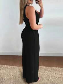 INAWLY 女士优雅 V 领金属扣腰带阔腿连体裤，度假装 - 黑色 - 查看 2