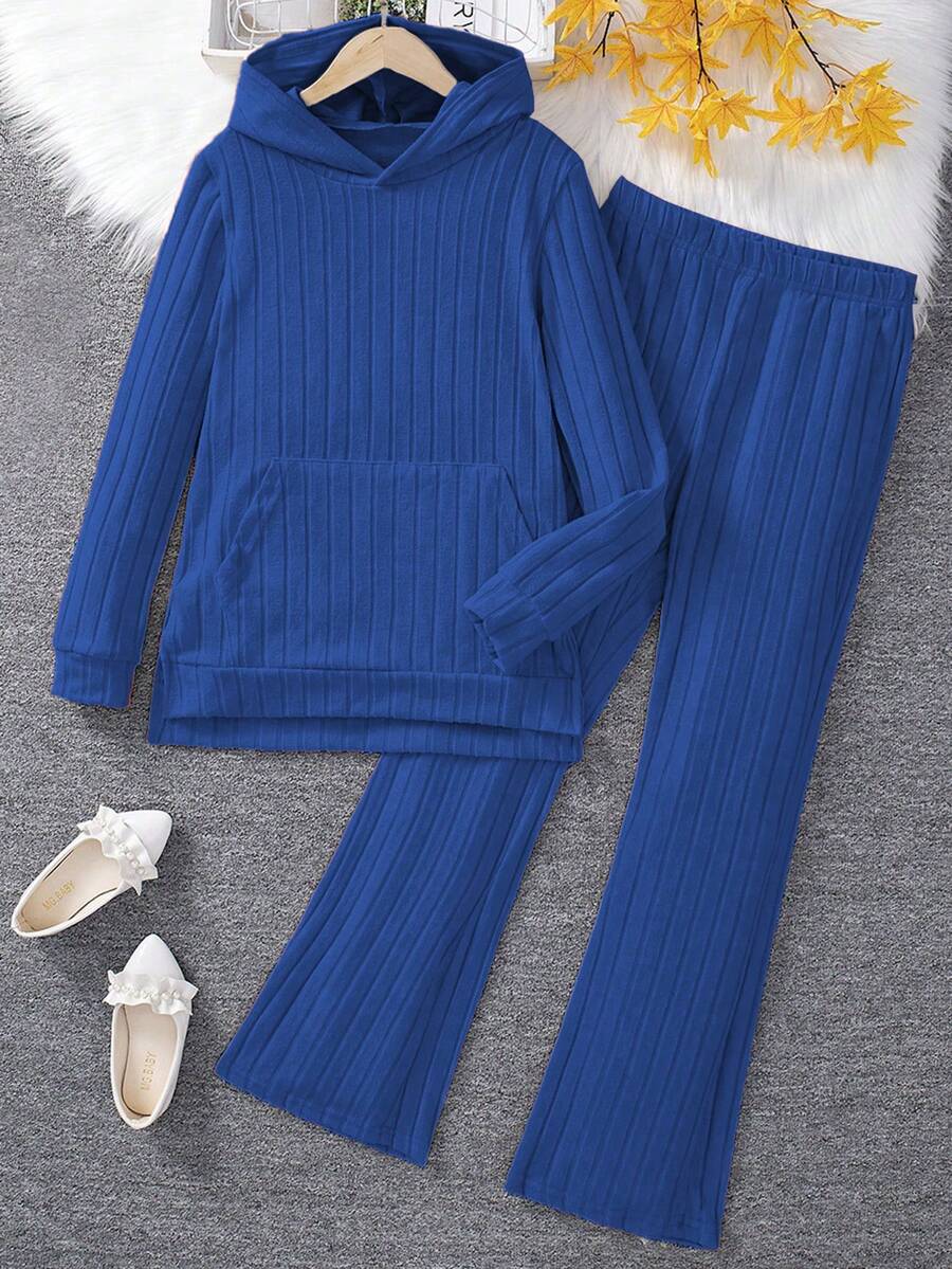 Sparklyn 2 件套青少年女孩长袖连帽运动衫，前短后长设计，带裤子，黑色休闲简约 - 寶藍色 - 查看 1