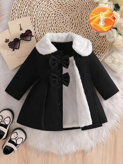 SHEIN Playful Pals معطف ترنش للبنات الصغار مزين بياقة فرو مزيف وفيونكة، خريف/شتاء