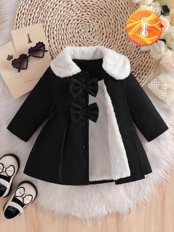 SHEIN Baby Girls' Faux Fur Collar Bow Decor Trench Coat, Autumn/Winter