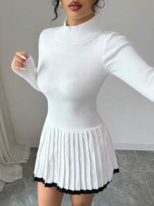 SHEIN Elenzya 时尚独特休闲腰部收紧半高领拼色 A 字形褶皱针织长袖毛衣裙，修身版型，女式，春秋季 - 白色 - 查看 4