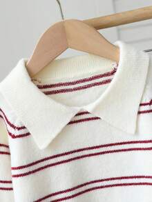 SHEIN 女童杏色和酒红色条纹短款圆领针织衫，柔软舒适，适合日常、户外、旅行、度假、居家、托儿所和儿童玩耍等场合，冬季、圣诞节、万圣节、秋季保暖舒适。